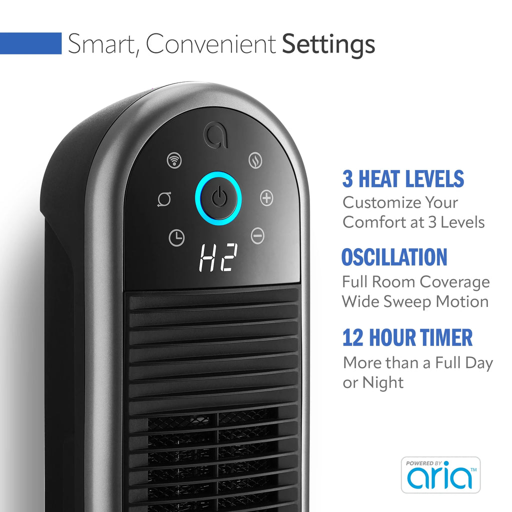 22" Smart Tower Heater Powered by Aria, Wifi, Works with Alexa, Google, Black, AR122